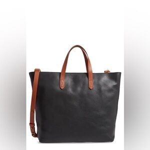 Madewell Classic Black Leather Messenger Tote with Brown Straps
